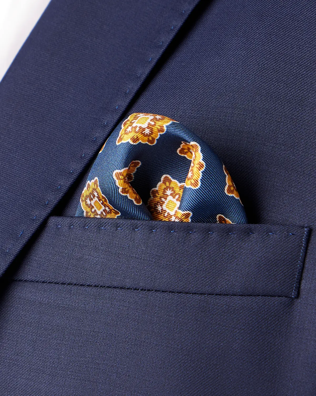100% Silk Printed Pocket Square - Yellow & Navy - Image 2