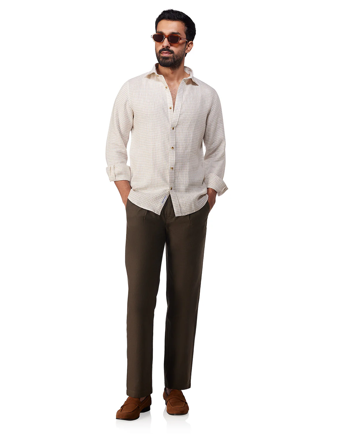 100% Linen Checked Shirt - White & Beige - Image 3