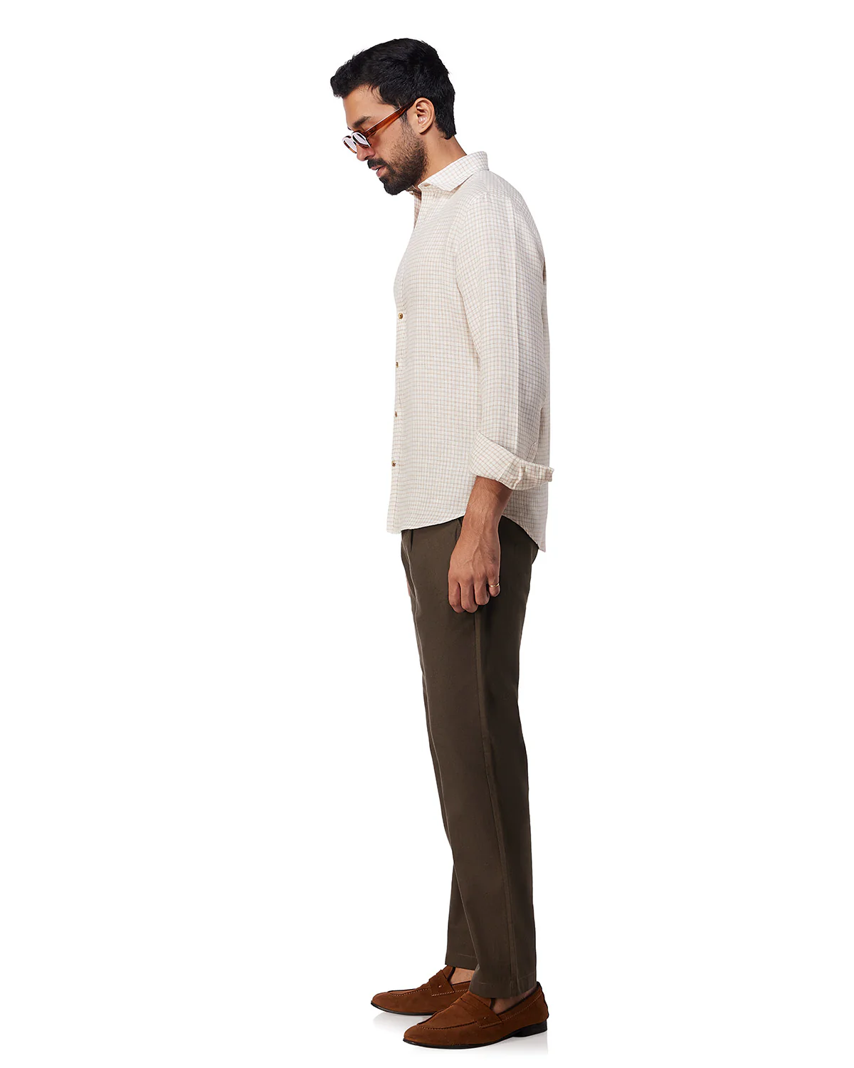 100% Linen Checked Shirt - White & Beige - Image 4