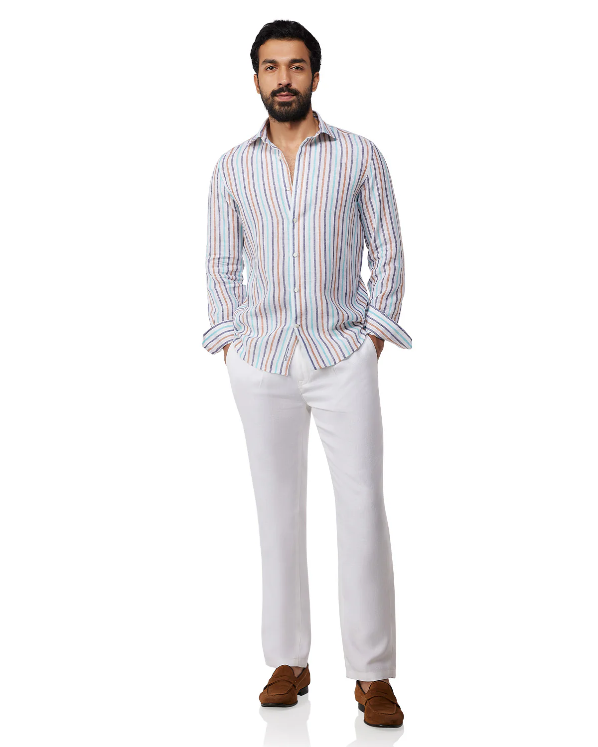 100% Linen Striped Shirt - Blue & Brown - Image 3