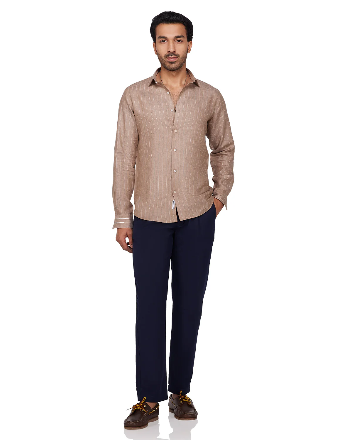 100% Linen Striped Shirt - Brown & White - Image 3