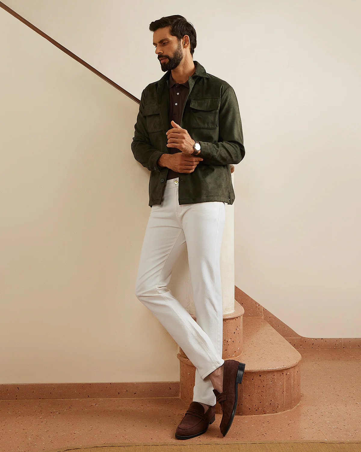 Atelier Stretch Suede Shacket - Olive - Image 2