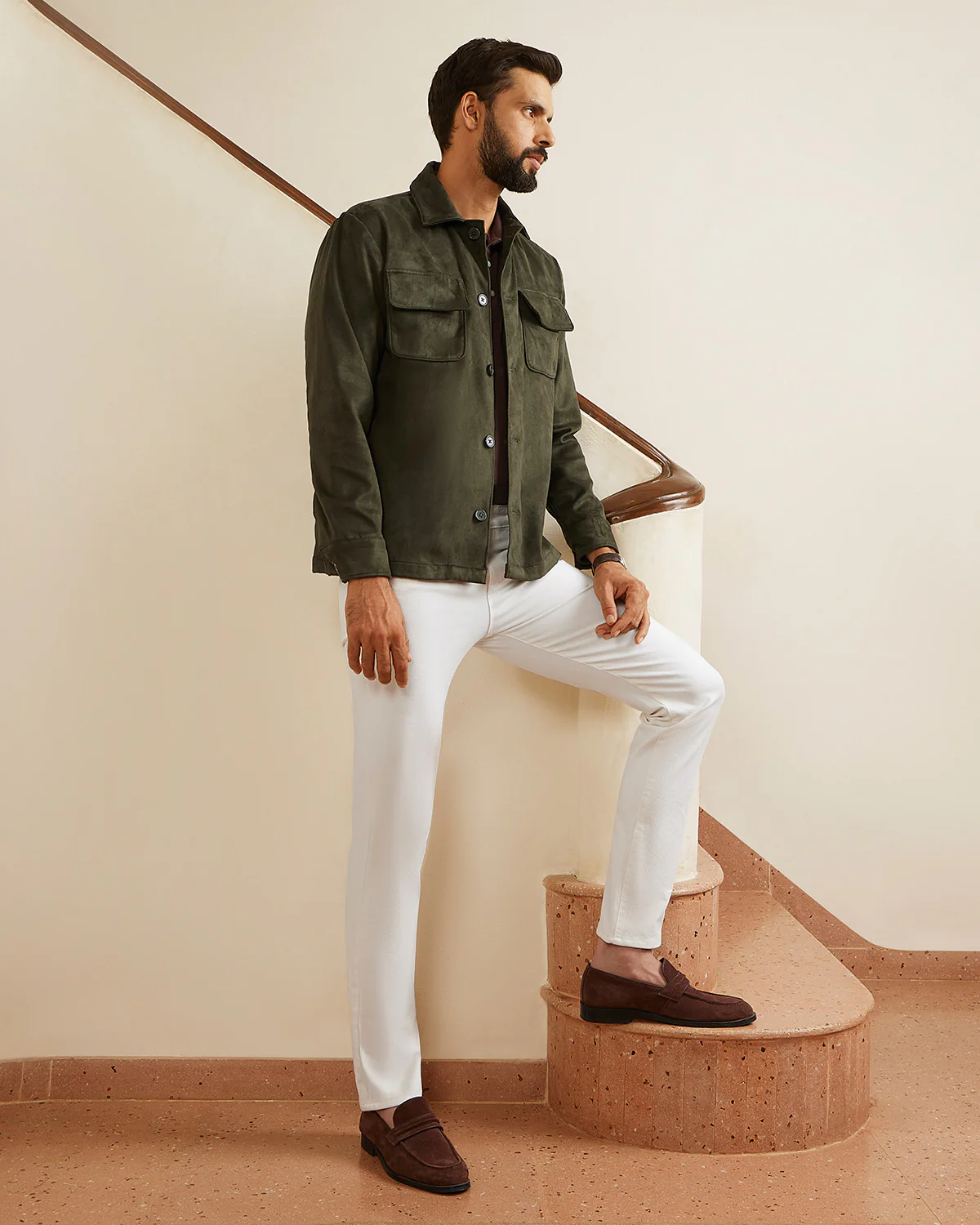 Atelier Stretch Suede Shacket - Olive - Image 3