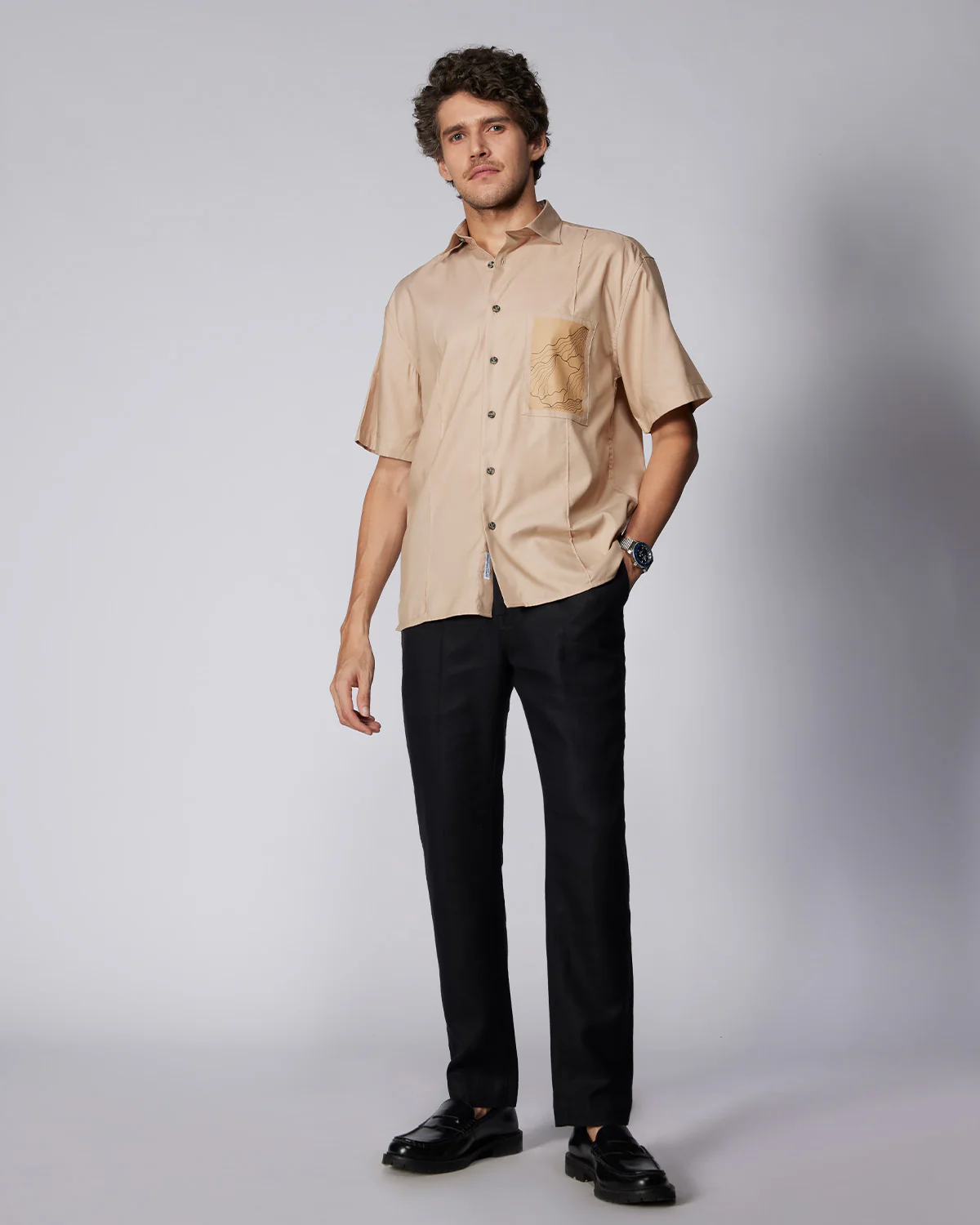 Beige Half-Sleeve Modal Twill Shirt - Image 5