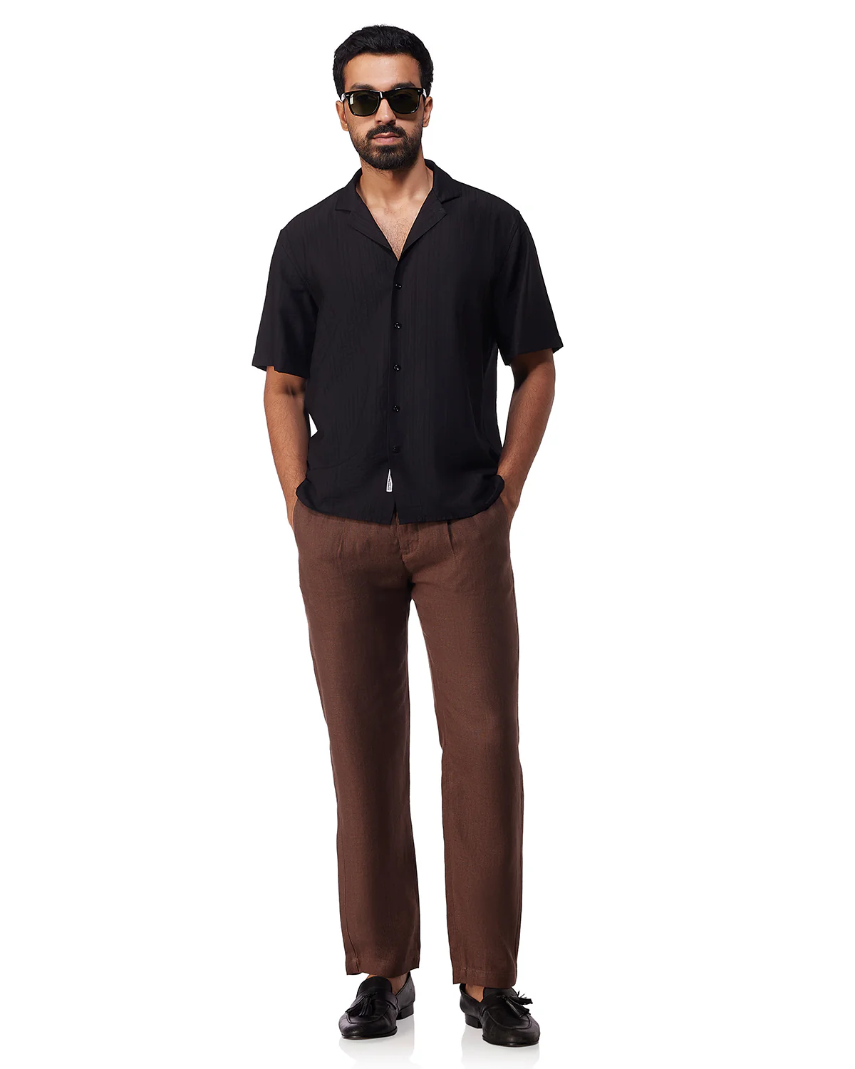Black Half-Sleeve Self-Striped Dobby Shirt - Image 3