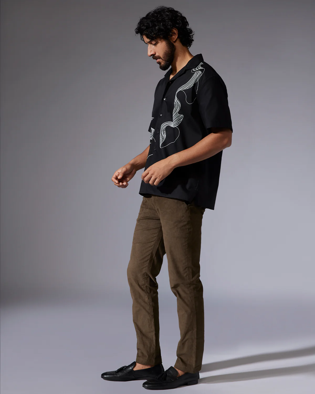 Black Half-Sleeve Stretch Printed Shirt - Image 5