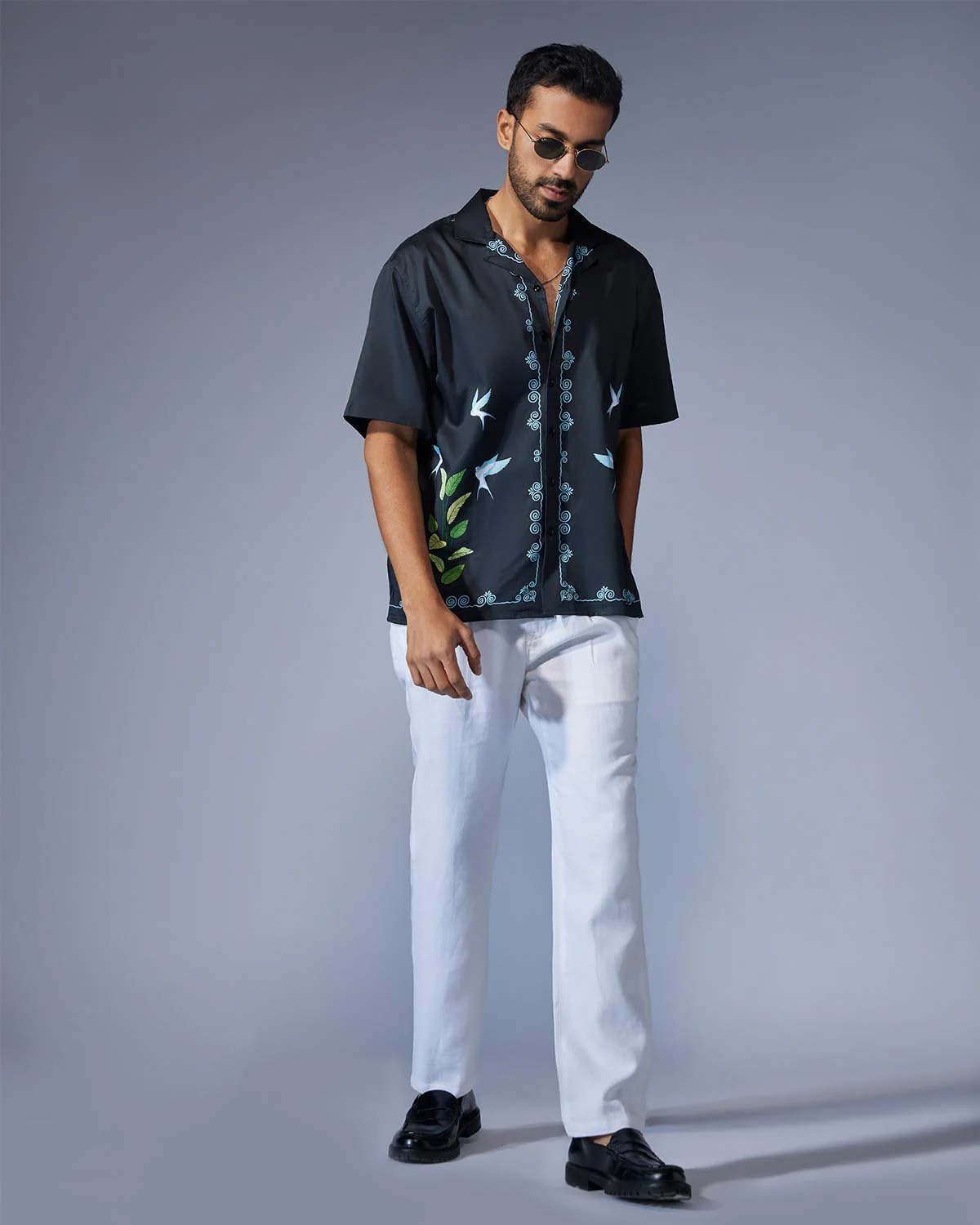 Black Half-Sleeve Satin Printed Shirt - Image 3