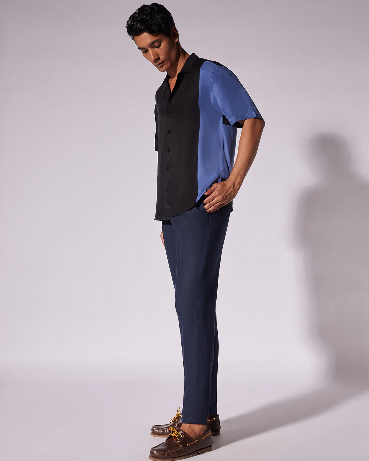 Blue & Black Colour Blocked Cupro Shirt - Image 4