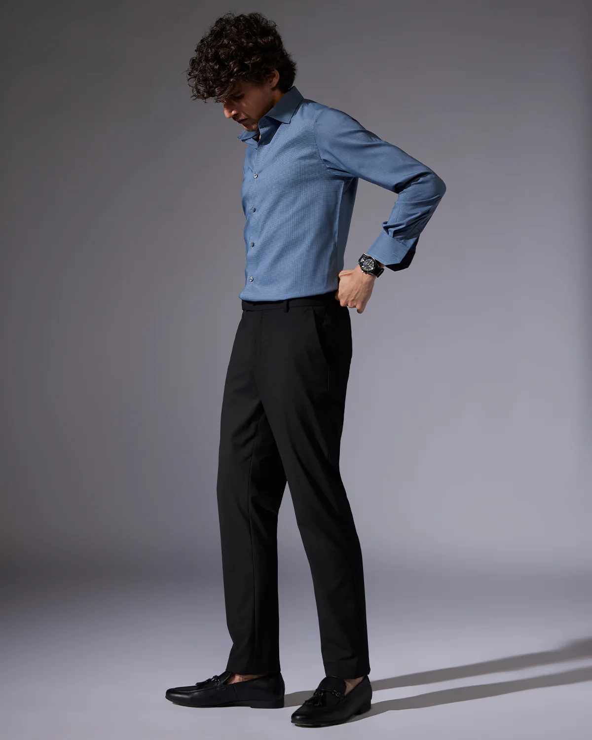 Blue & Black Stretch Dobby Shirt - Image 3