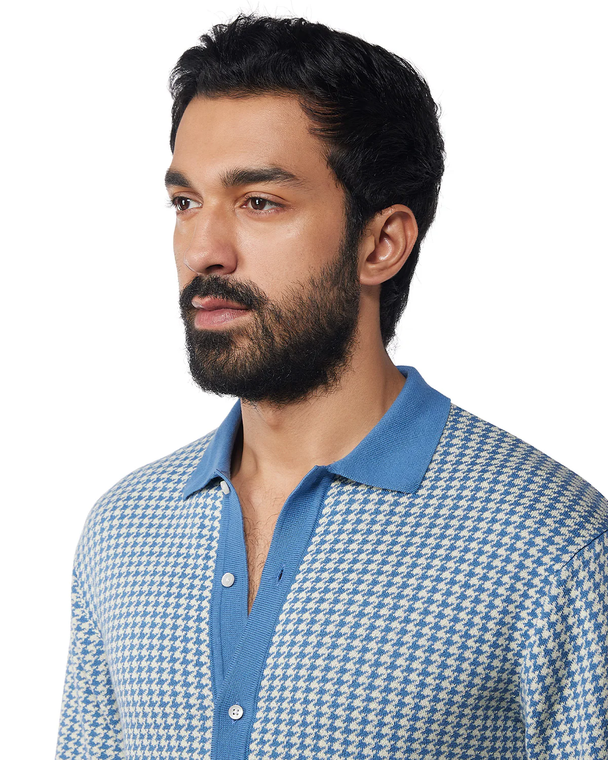 Blue Half-Sleeve Flat Knit Houndstooth Shirt - Image 2