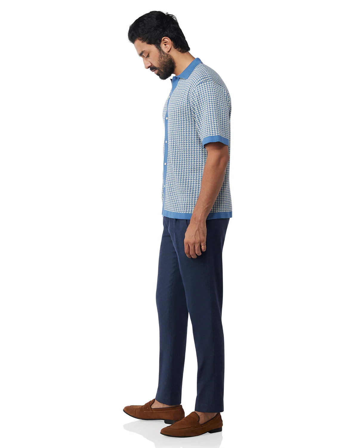 Blue Half-Sleeve Flat Knit Houndstooth Shirt - Image 4