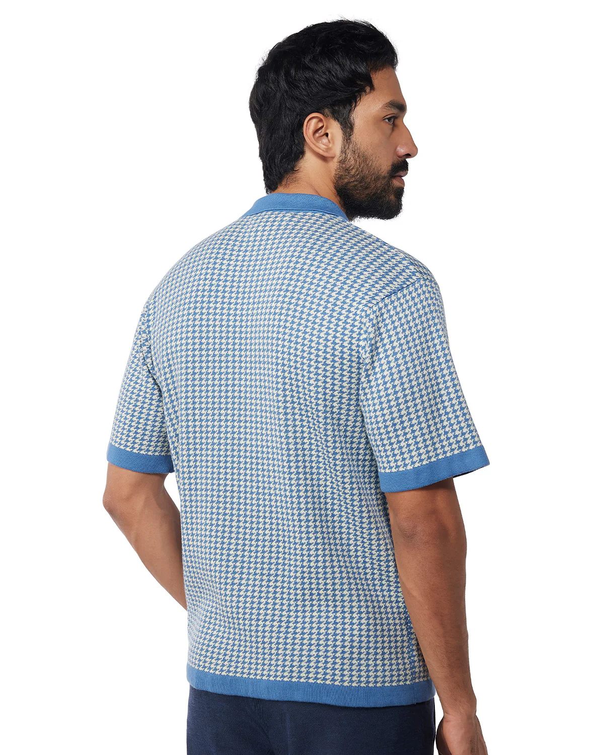 Blue Half-Sleeve Flat Knit Houndstooth Shirt - Image 5