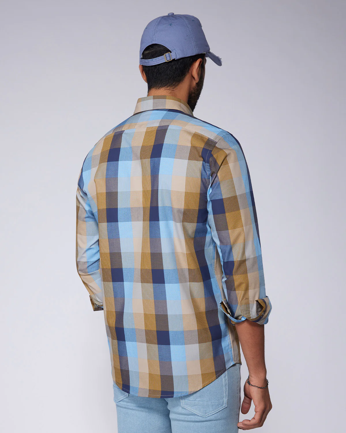 Blue & Ochre Cotton Checked Shirt - Image 4