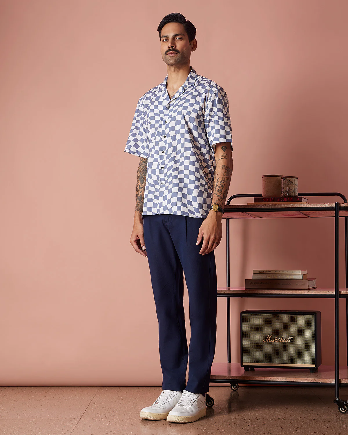 Blue & White Half-Sleeve Wavy Checked Shirt - Image 4