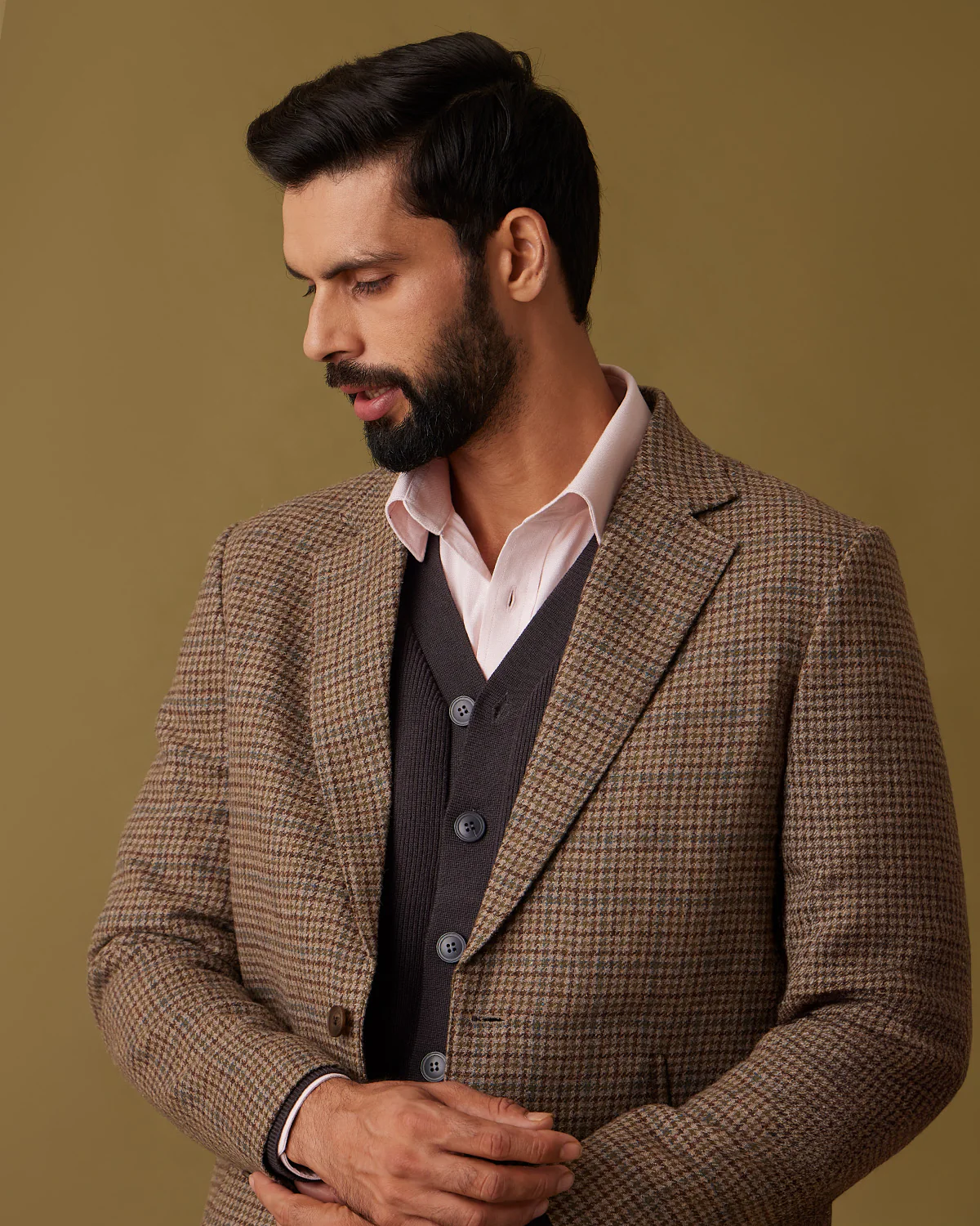Bracken Houndstooth Tweed Long Jacket - Brown & Beige - Image 4