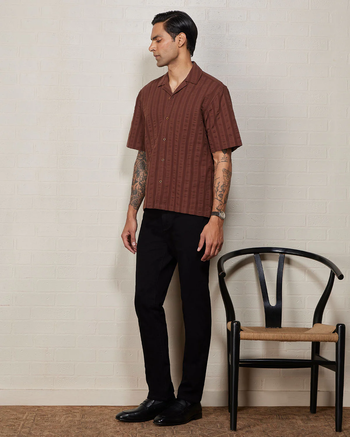 Brown Half-Sleeve Textured Dobby Shirt - Image 4
