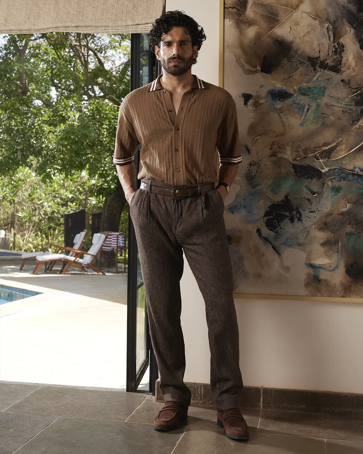 Brown Jacquard Flat Knit Half-Sleeve Shirt - Image 3