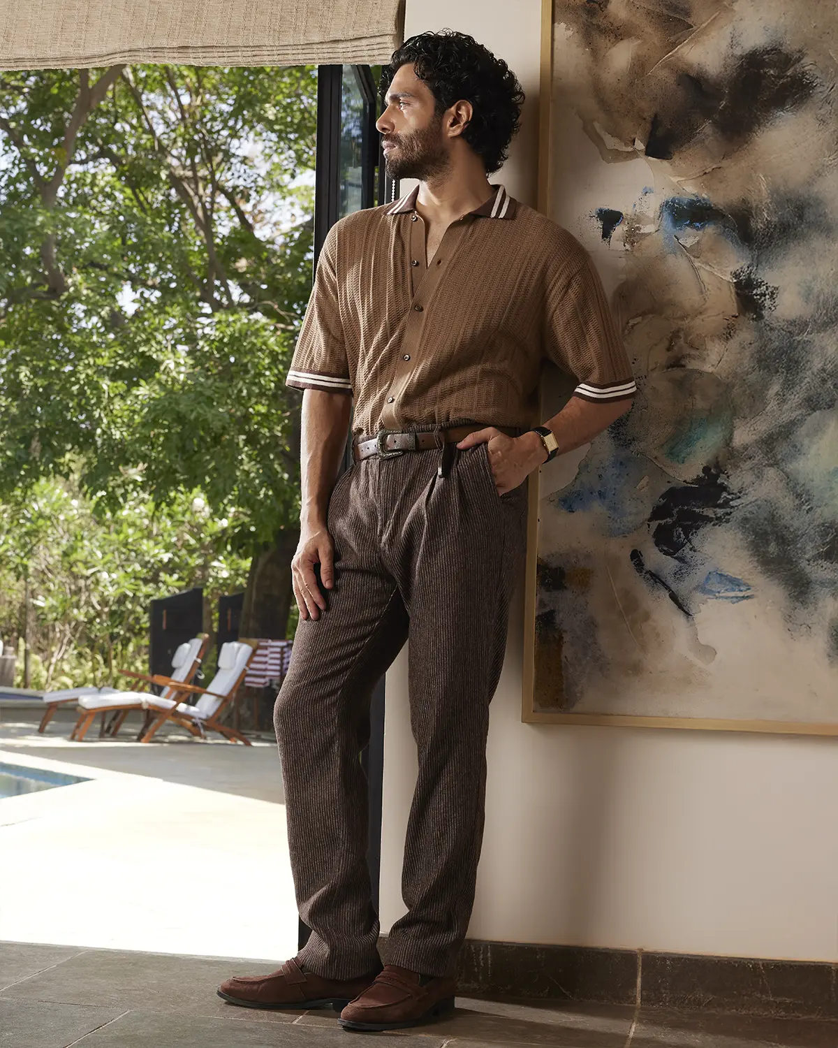 Brown Jacquard Flat Knit Half-Sleeve Shirt - Image 4