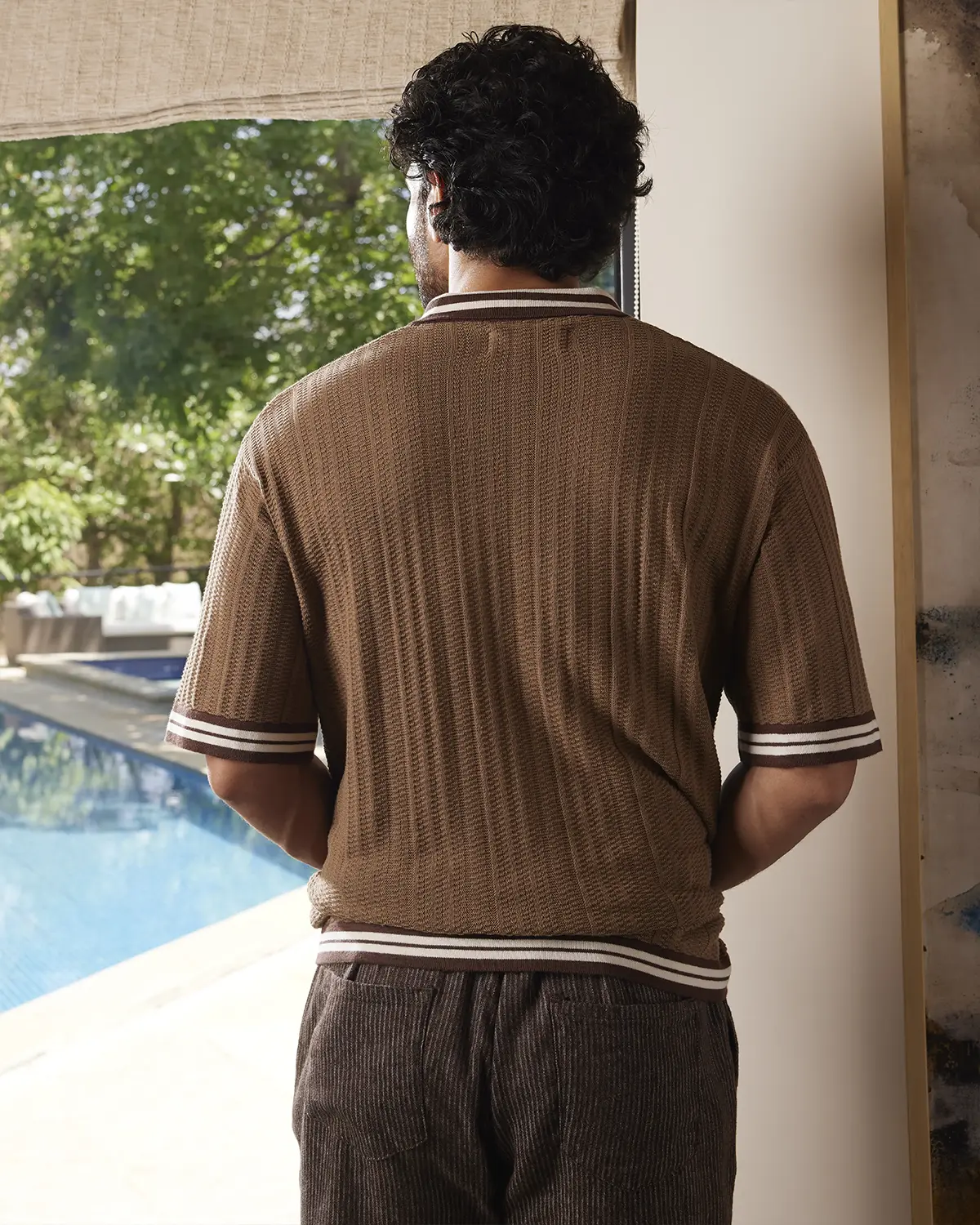 Brown Jacquard Flat Knit Half-Sleeve Shirt - Image 5