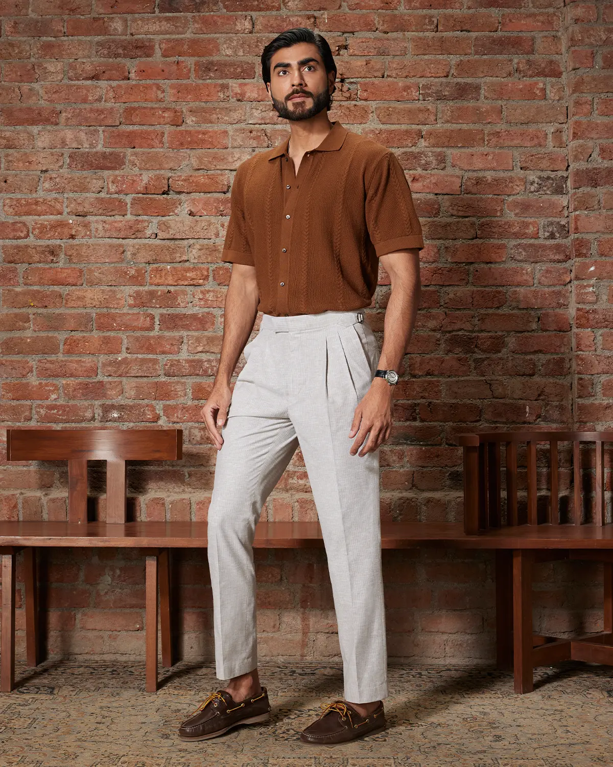 Brown Jacquard Flat Knit Shirt - Image 4