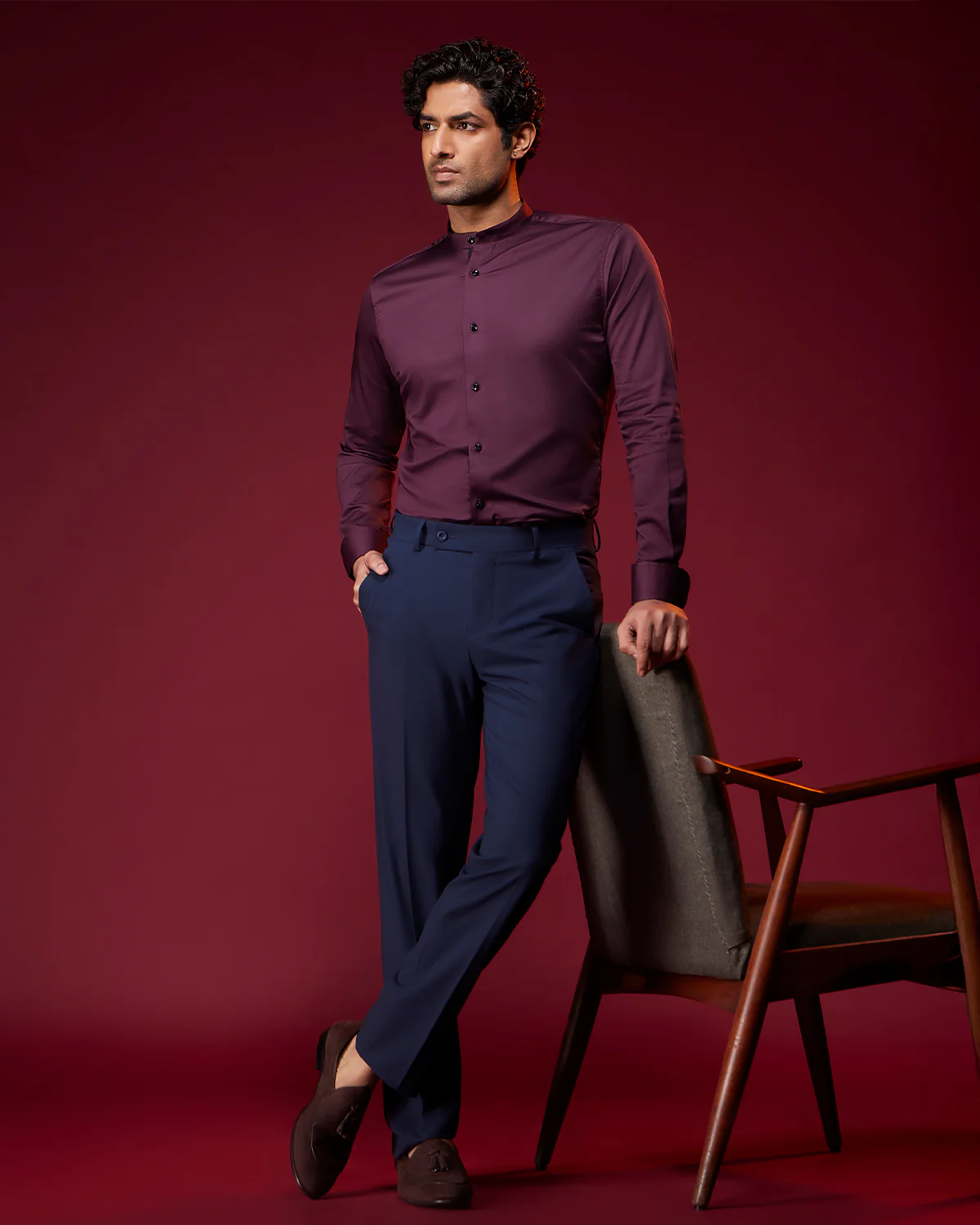 Burgundy Satin Shirt - Maroon - Image 3