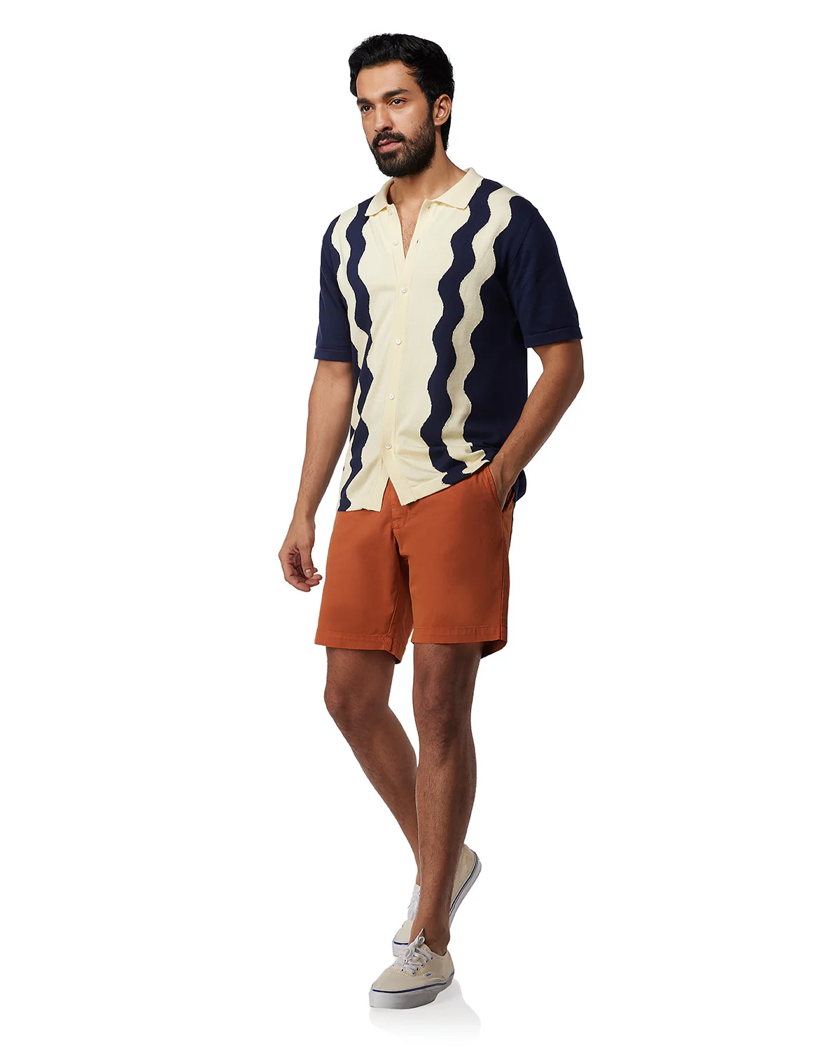 Dark Blue & Ecru Half-Sleeve Flat Knit Shirt - Image 3