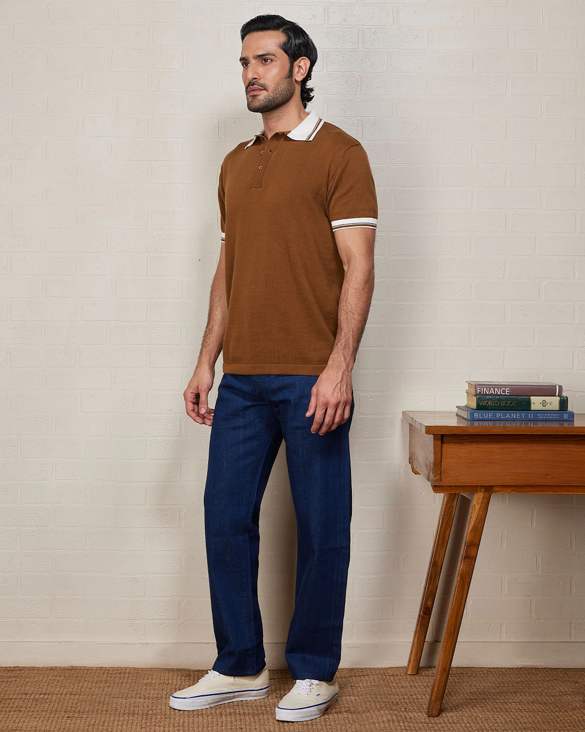 Signature Flat Knit Button Polo - Brown - Image 4