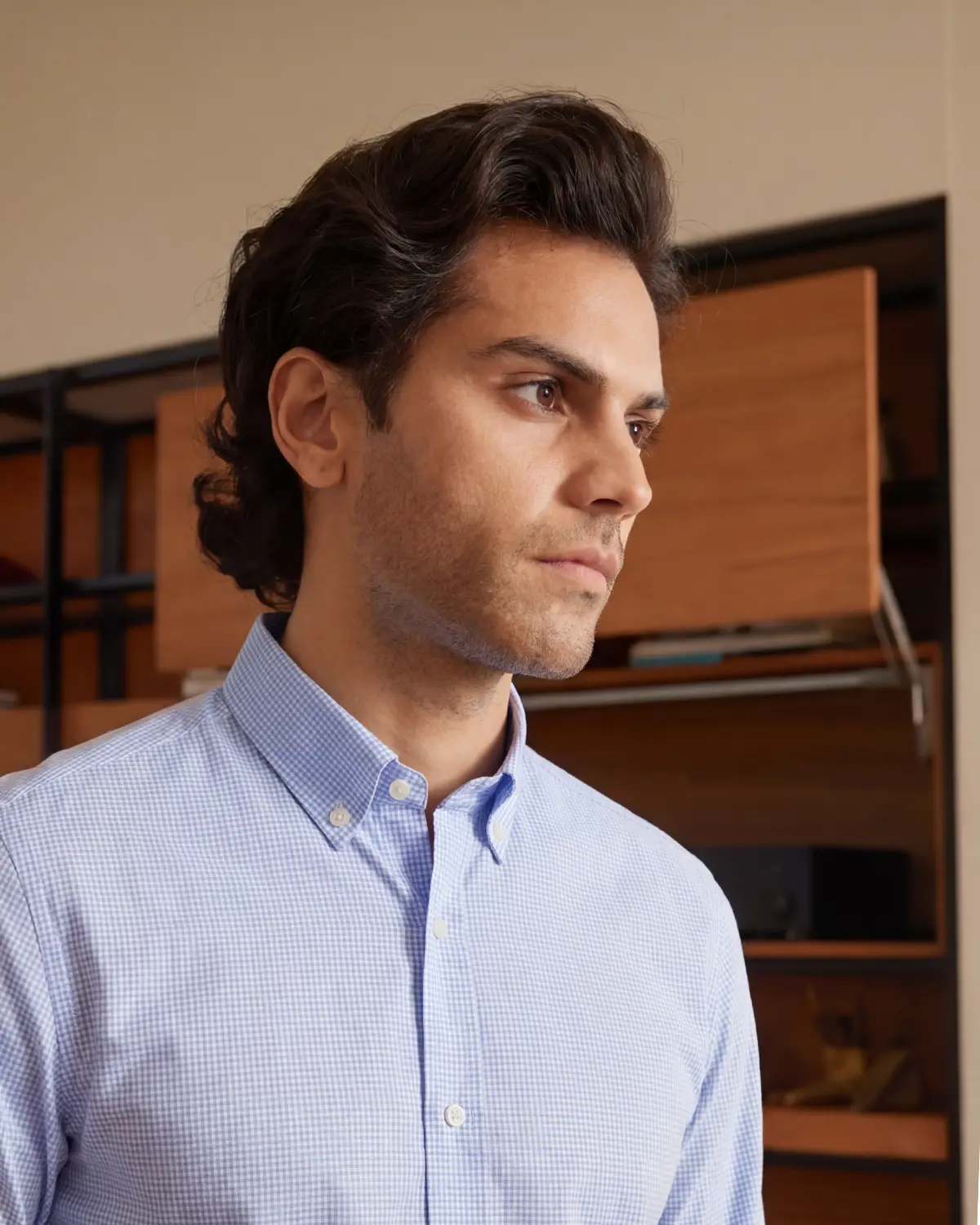Giza Cotton Mid Blue & White Twill Checked Shirt - Image 2