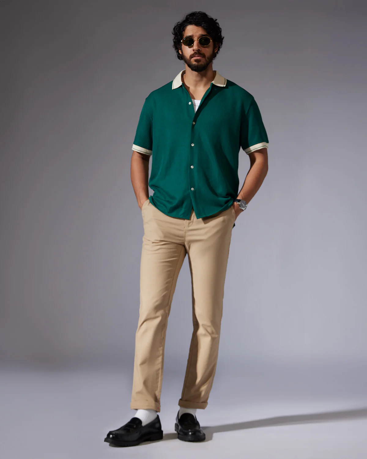 Green Stretch Knit Half-Sleeve Shirt - Image 3