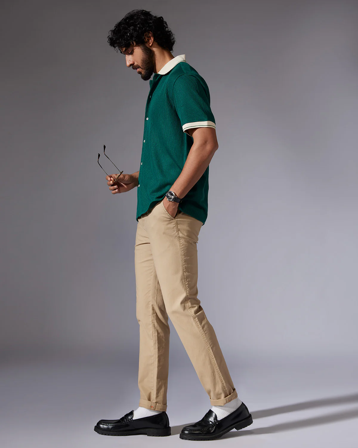 Green Stretch Knit Half-Sleeve Shirt - Image 4