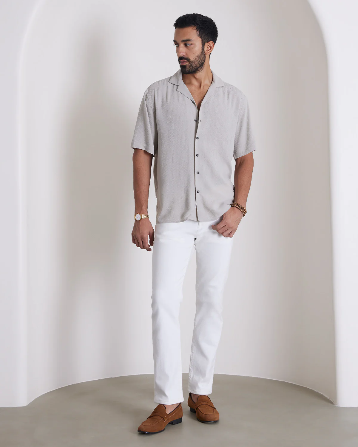 Grey Half-Sleeve Rayon Dobby Shirt - Image 4