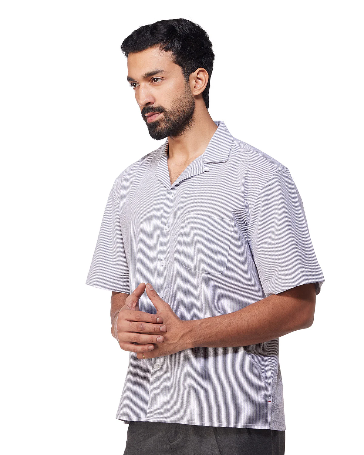 Grey Half-Sleeve Seersucker Striped Shirt - Image 2