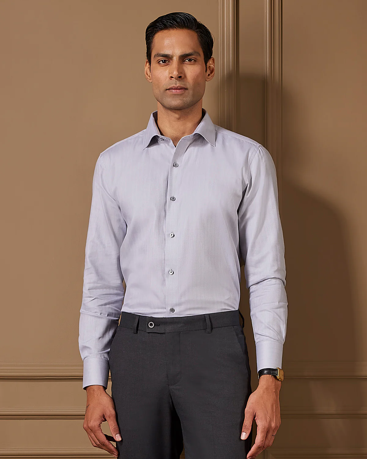 Grey Solid Herringbone Shirt