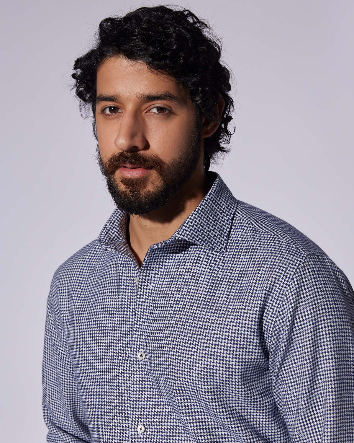 Japanese Brushed Houndstooth Shirt - Navy - Image 2