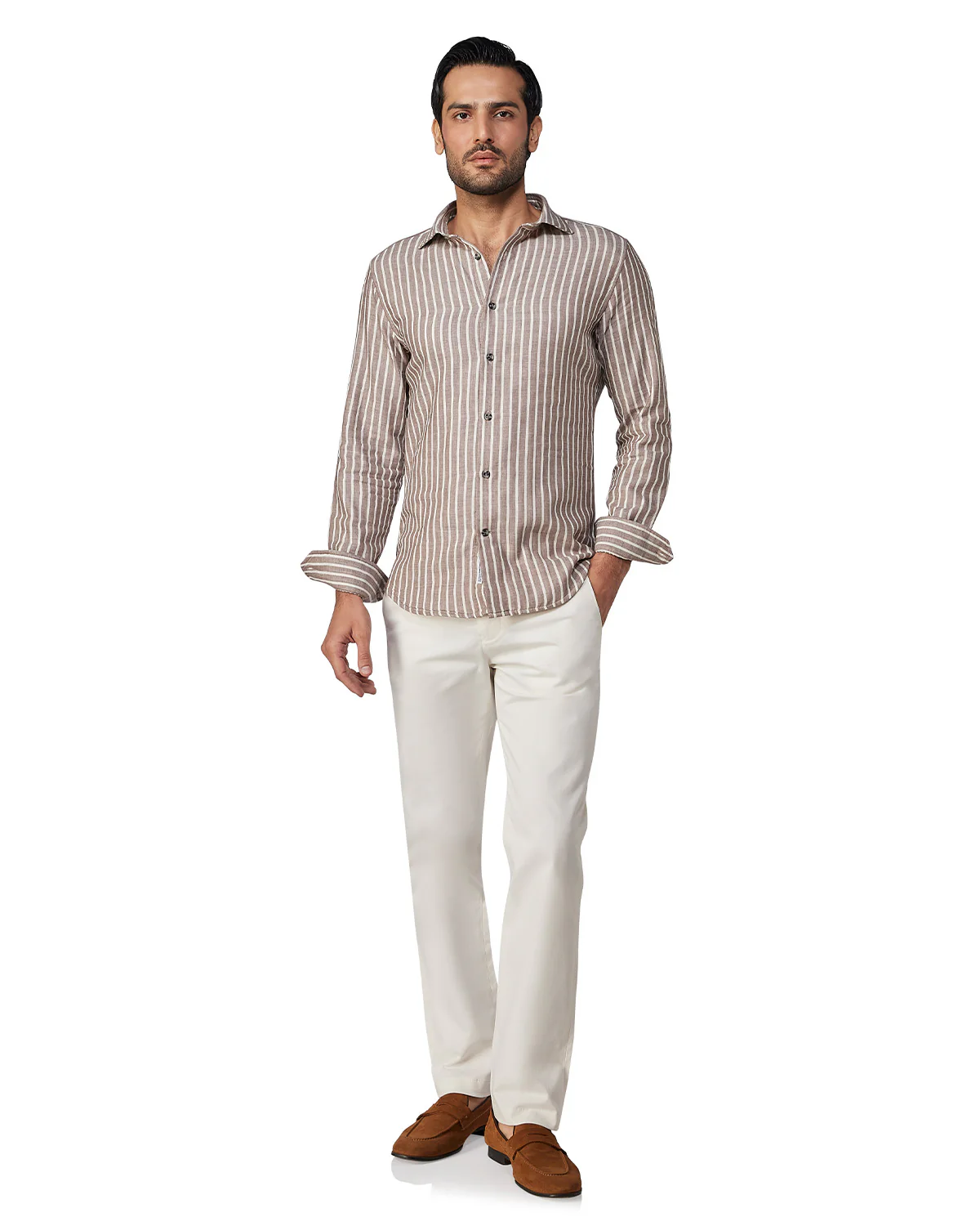 Japanese Double Cloth Striped Shirt - Brown - Image 3