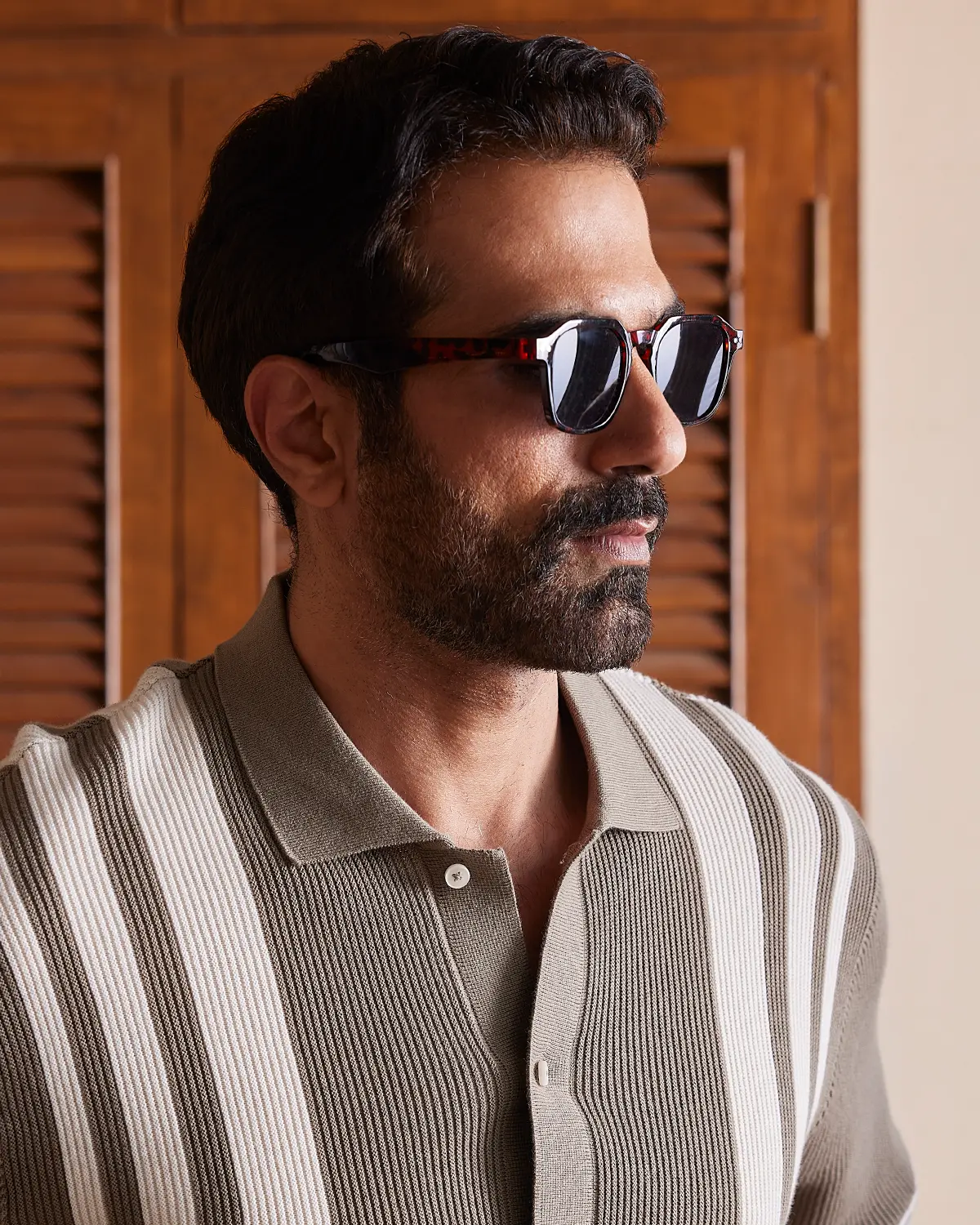 Khaki & Ecru Striped Flat Knit Shirt - Image 2