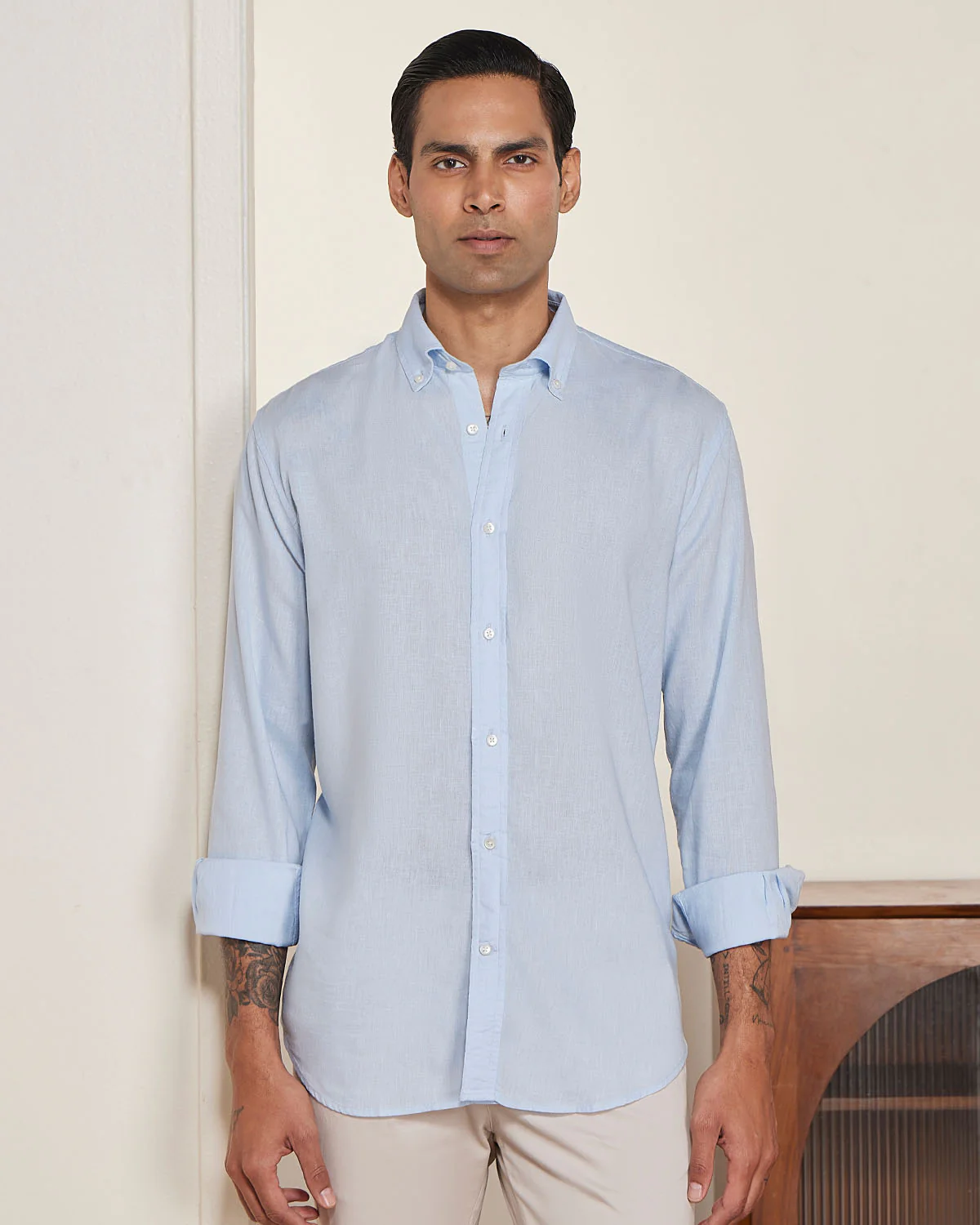 Light Blue Blended Linen Soft Washed Shirt - Image 2