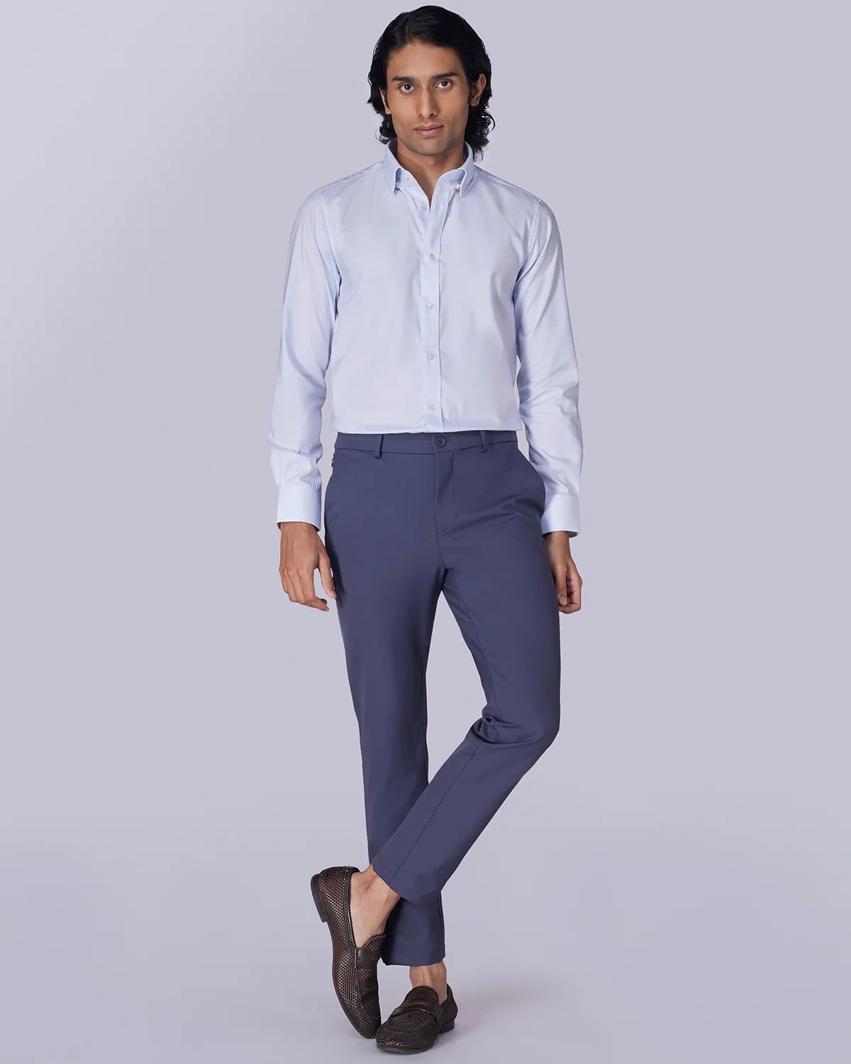 Light Blue Stretch Checked Shirt - Image 3