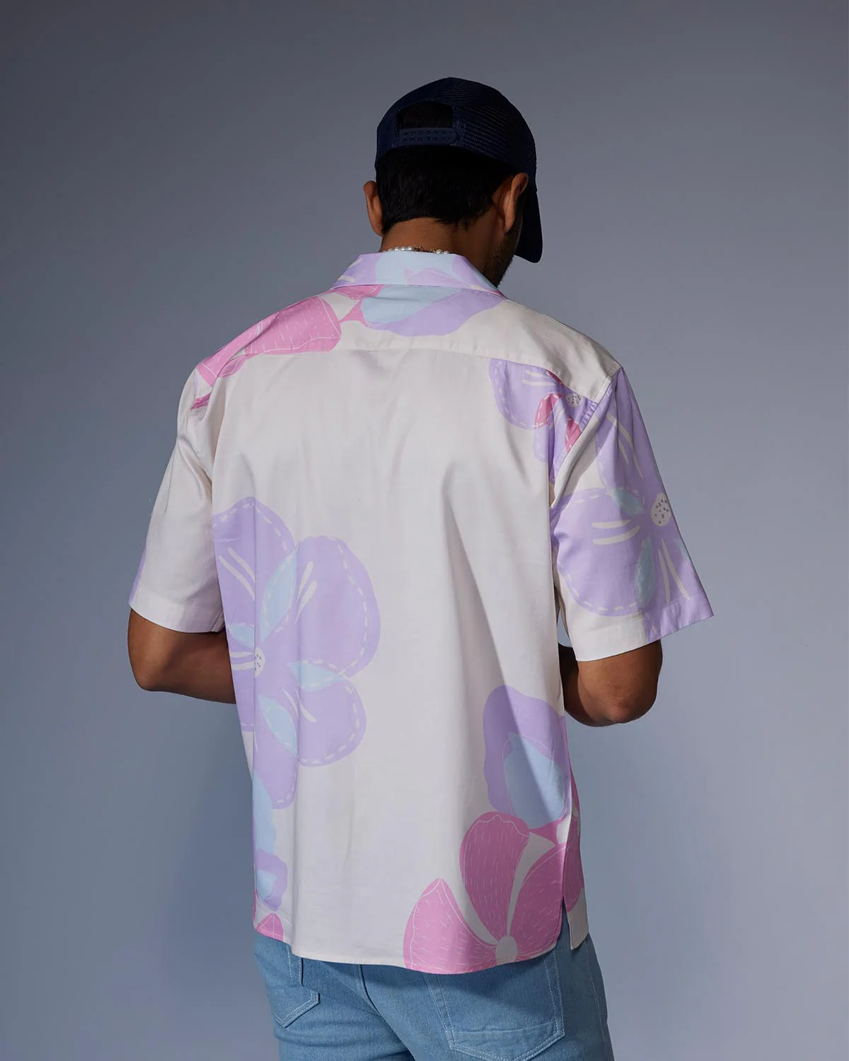 Lilac & Ecru Half-Sleeve Floral Printed Shirt - Image 3