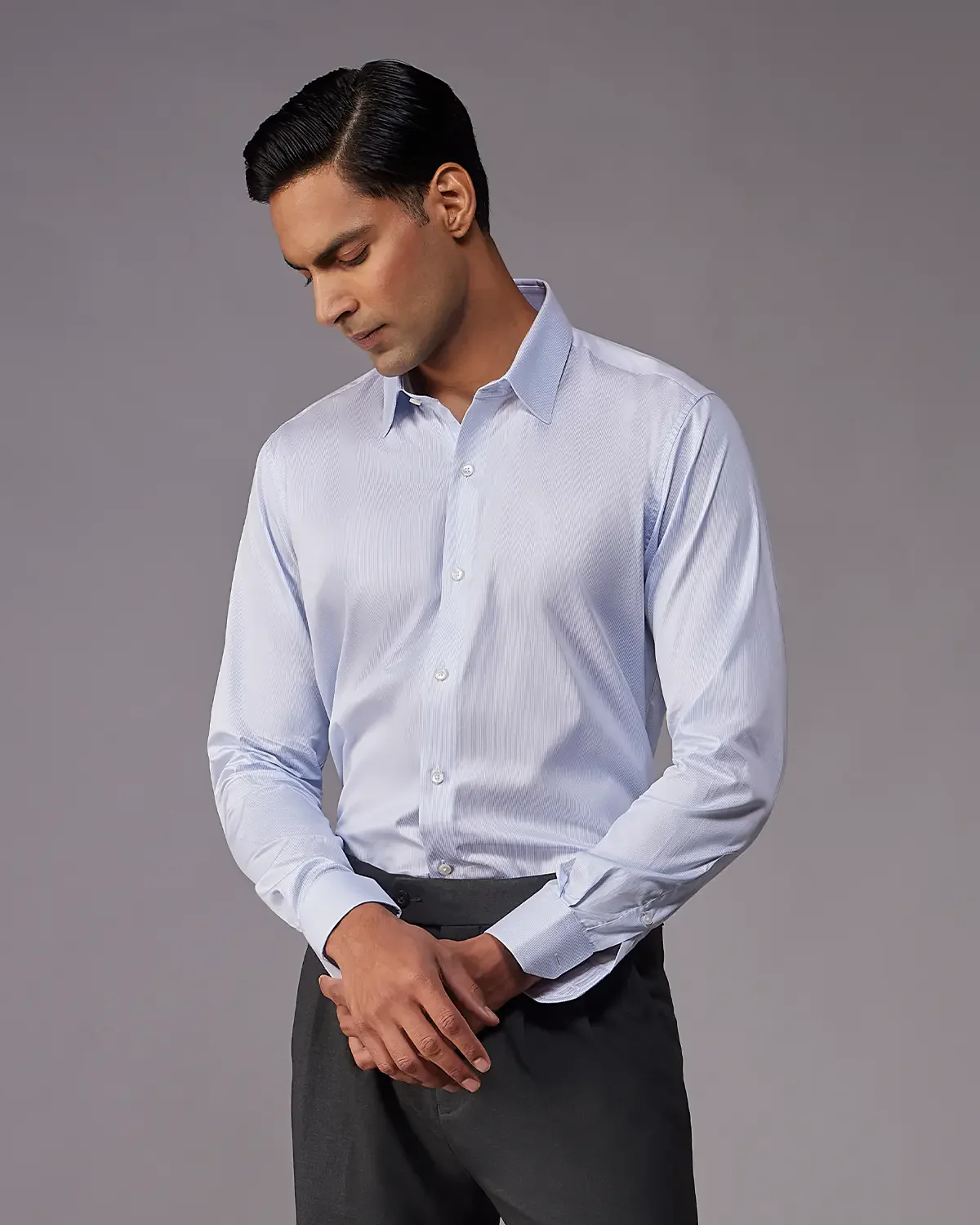 2-Ply Egyptian Cotton Twill Fine Blue Striped Shirt - Image 2