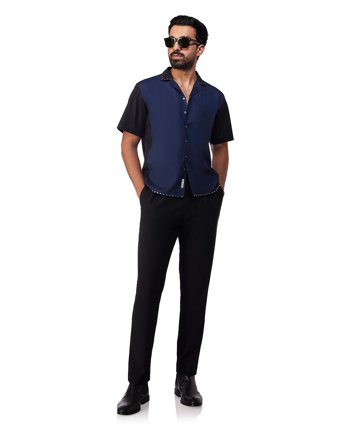 Navy & Black Studded Half-Sleeve Poplin Shirt - Image 3