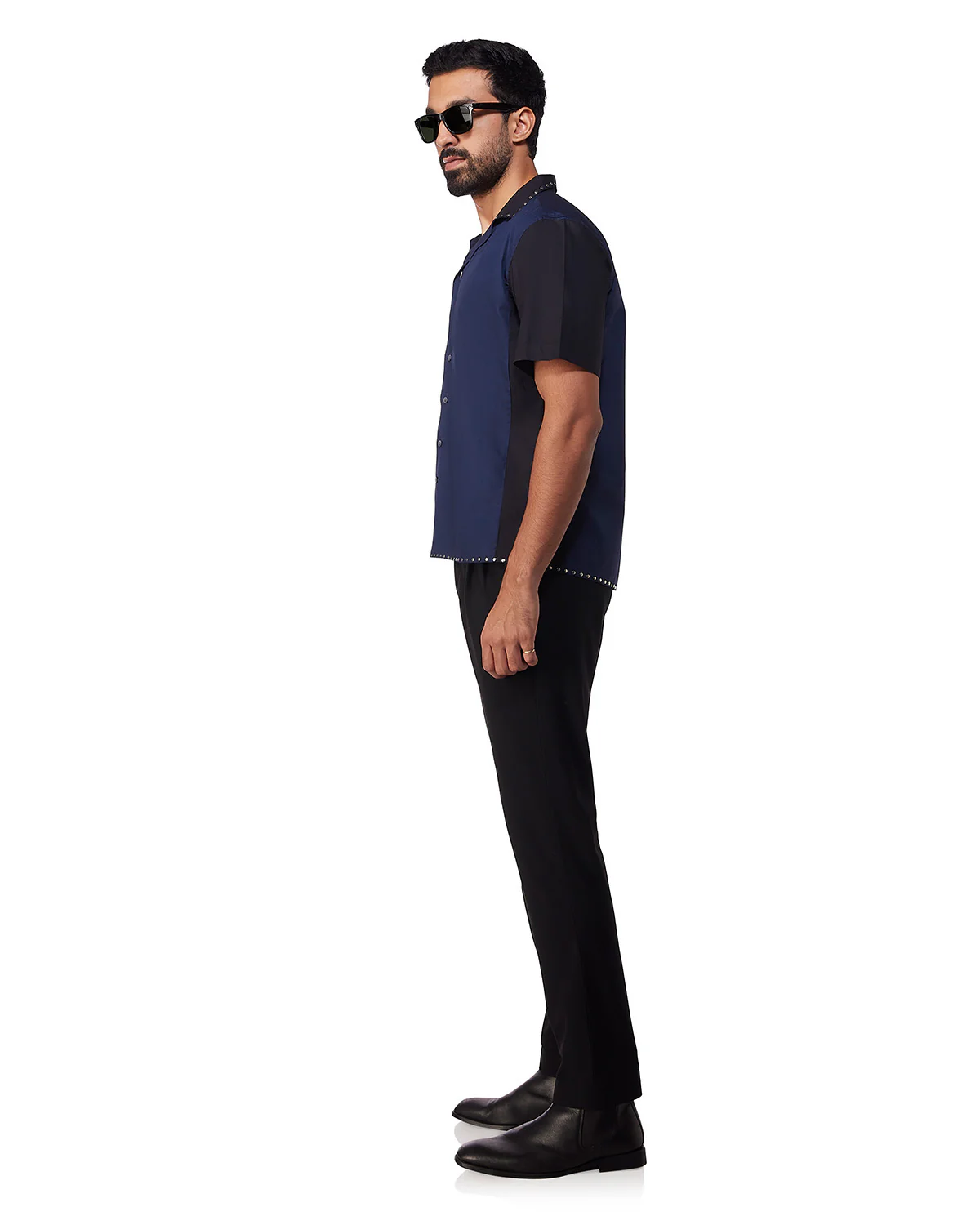 Navy & Black Studded Half-Sleeve Poplin Shirt - Image 4