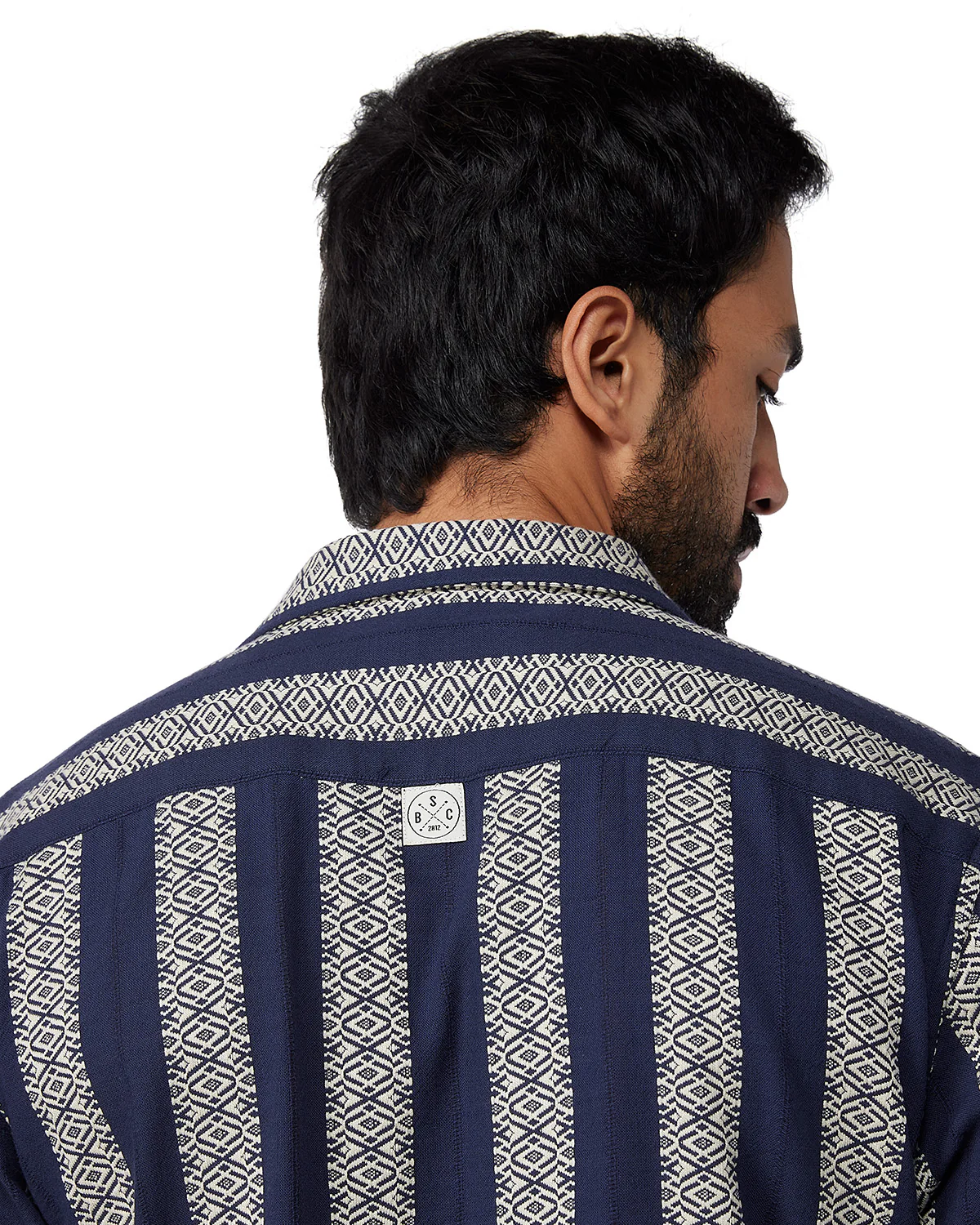 Navy & Ecru Half-Sleeve Dobby Striped Shirt - Image 6