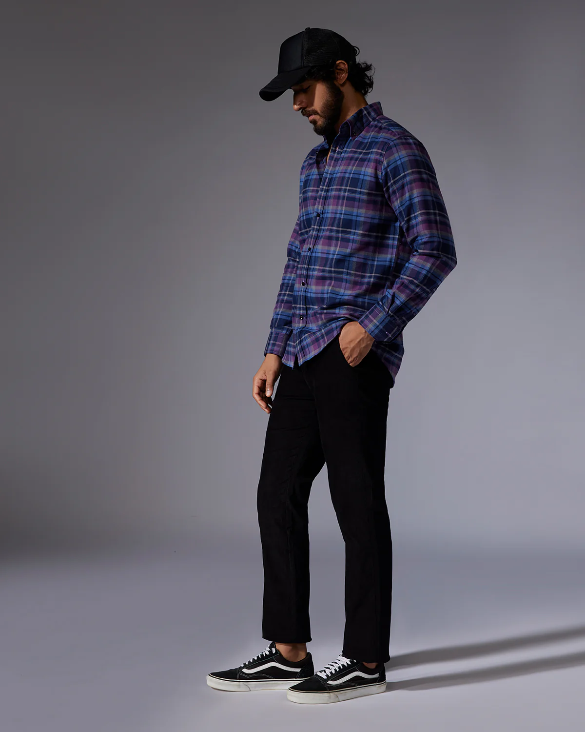Navy & Purple Brushed Checked Shirt - Image 3