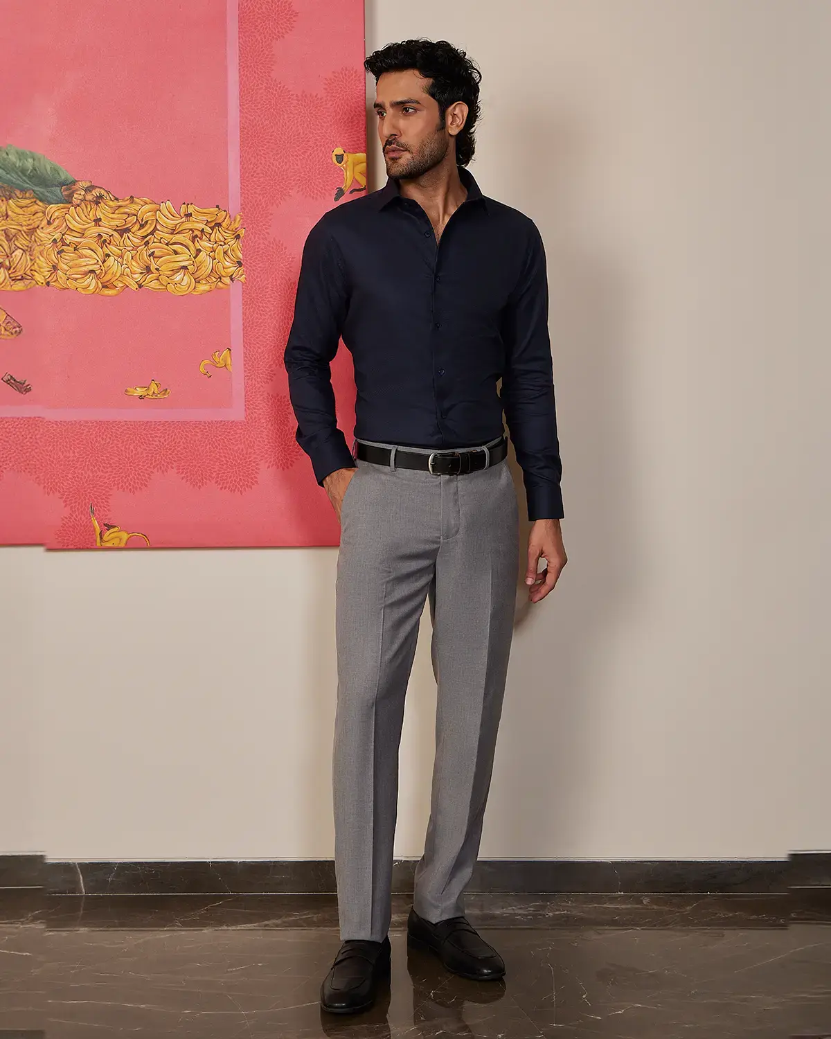 Navy Textured Dobby Shirt - Image 4