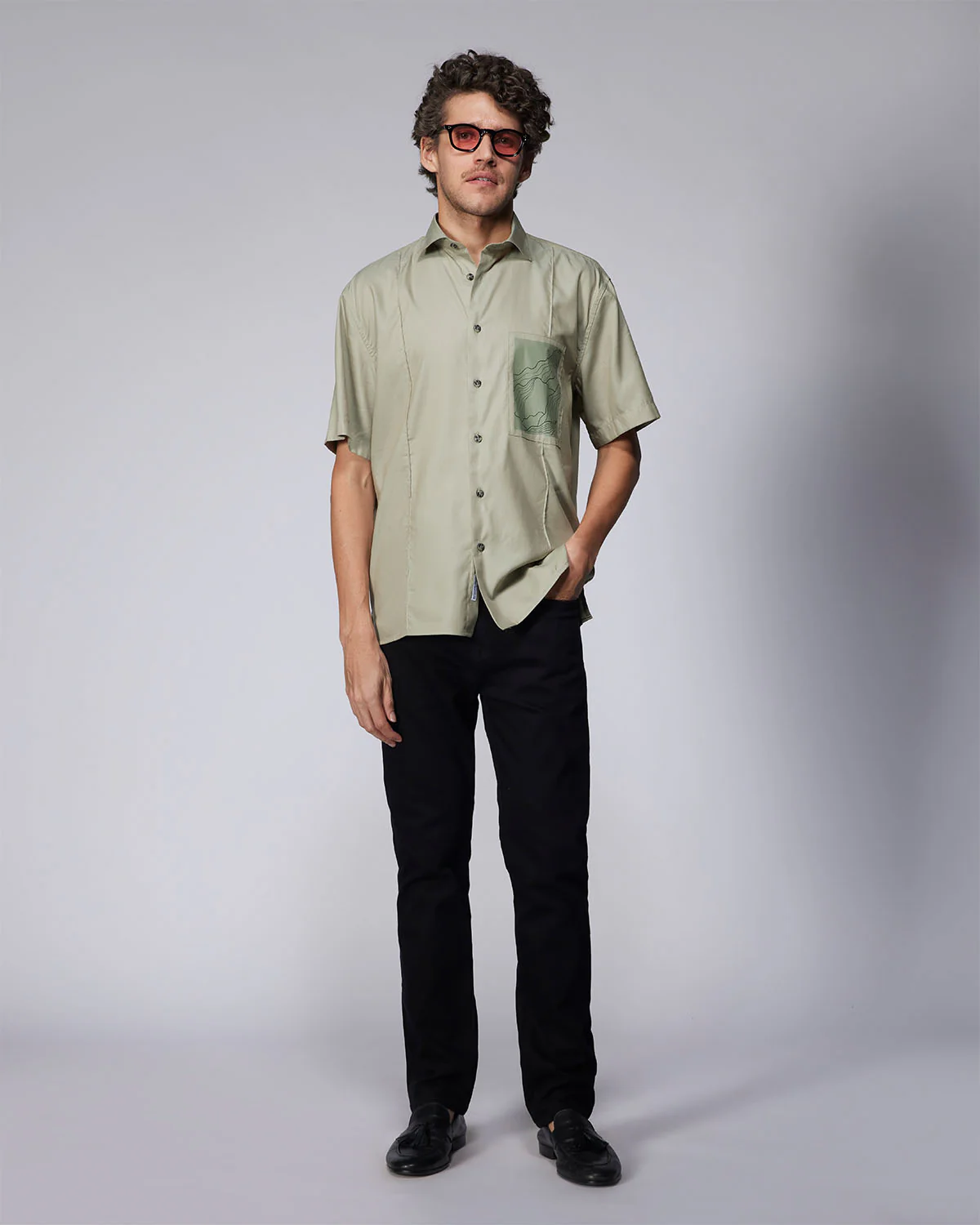 Olive Half-Sleeve Modal Twill Shirt - Image 5