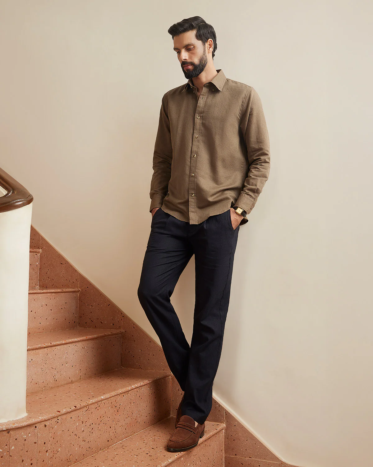 Olive Slubby Cotton Linen Shirt - Image 3