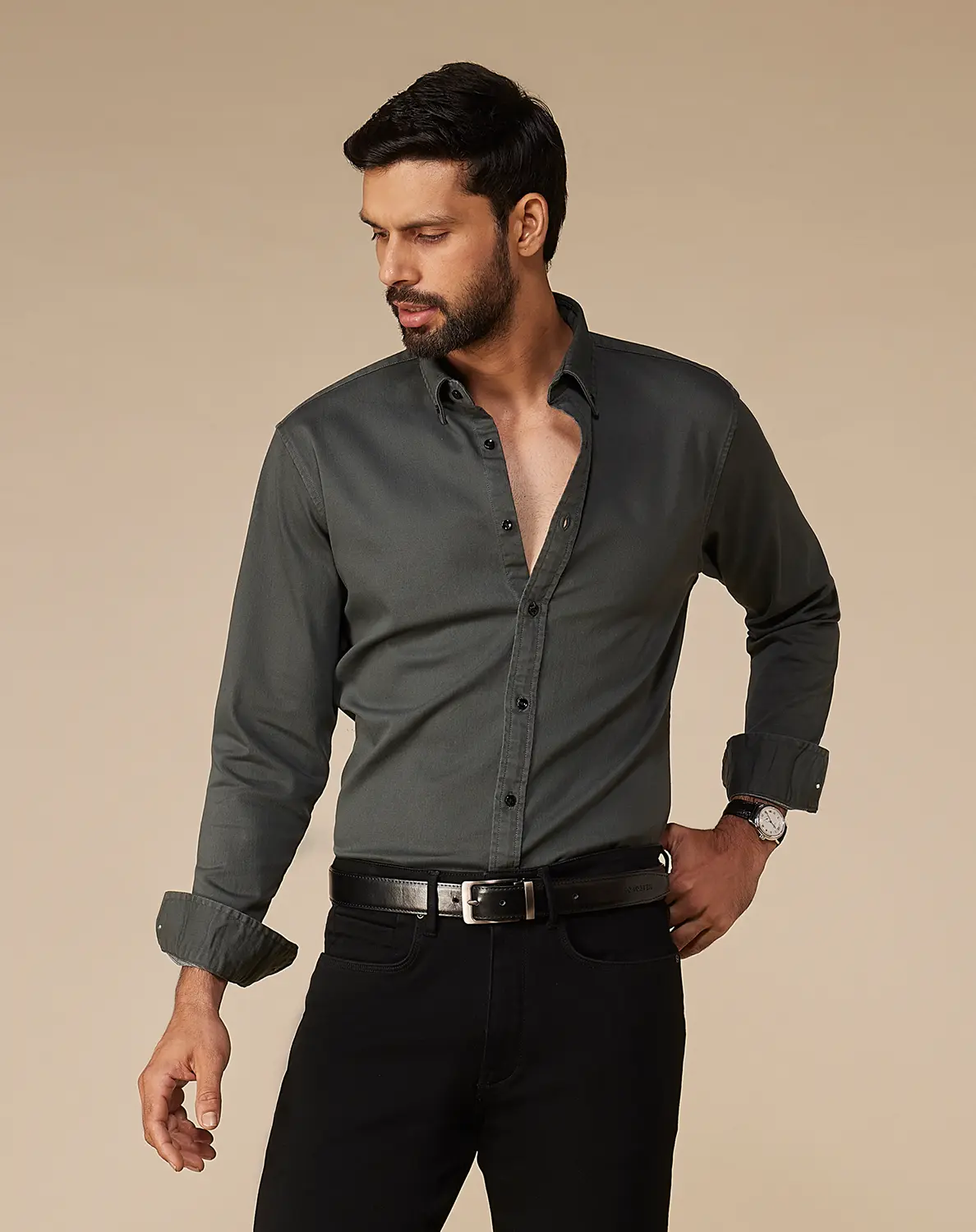 Olive Washed Dobby Denim Shirt