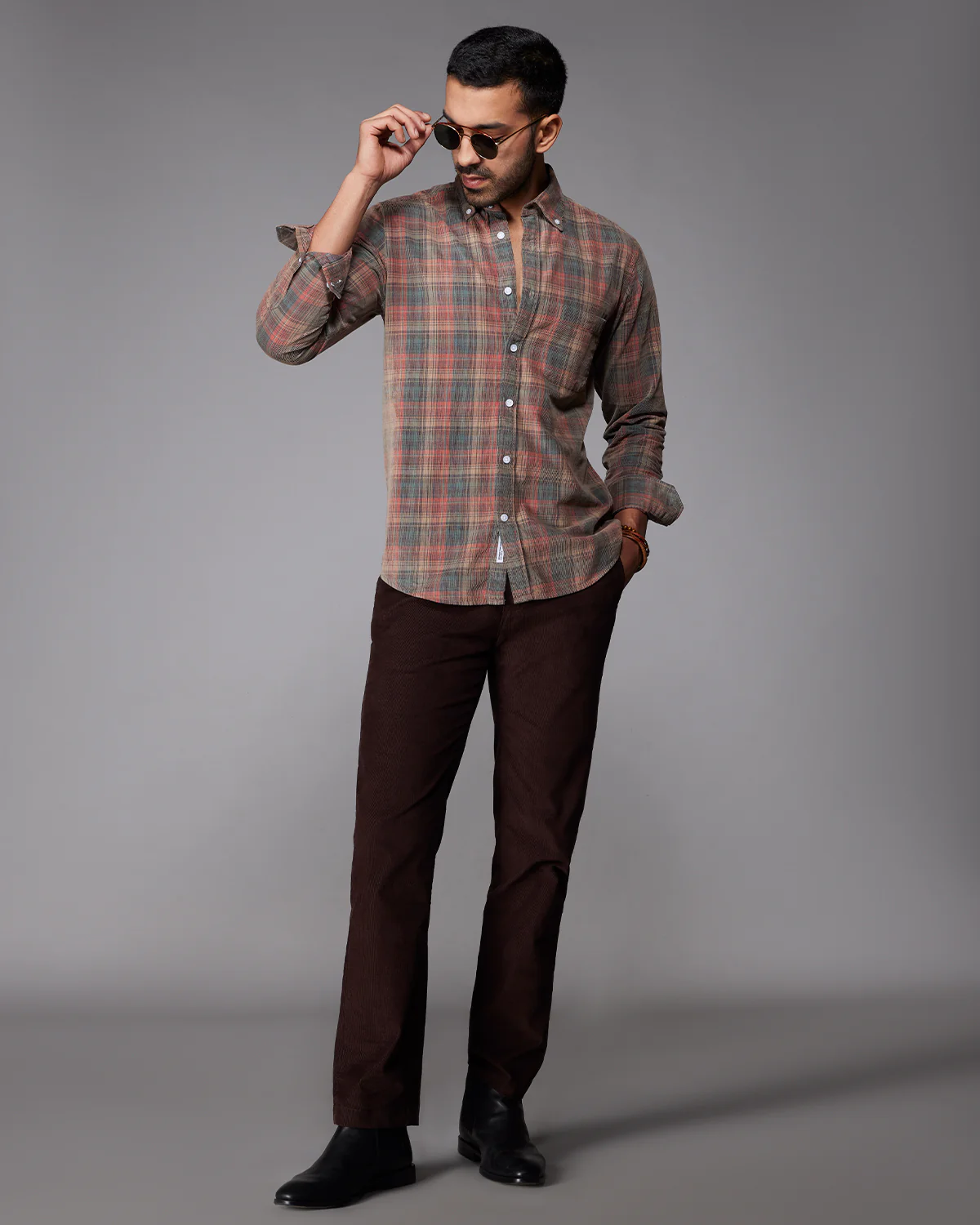 Red & Beige Corduroy Checked Shirt - Image 4