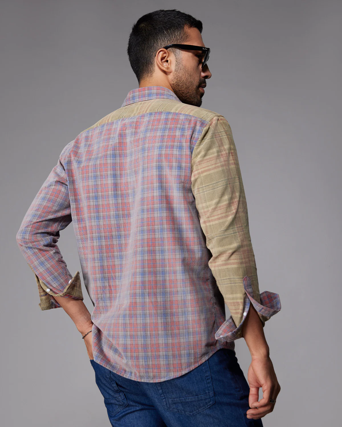 Red & Grey Corduroy Cut & Sew Checked Shirt - Image 3